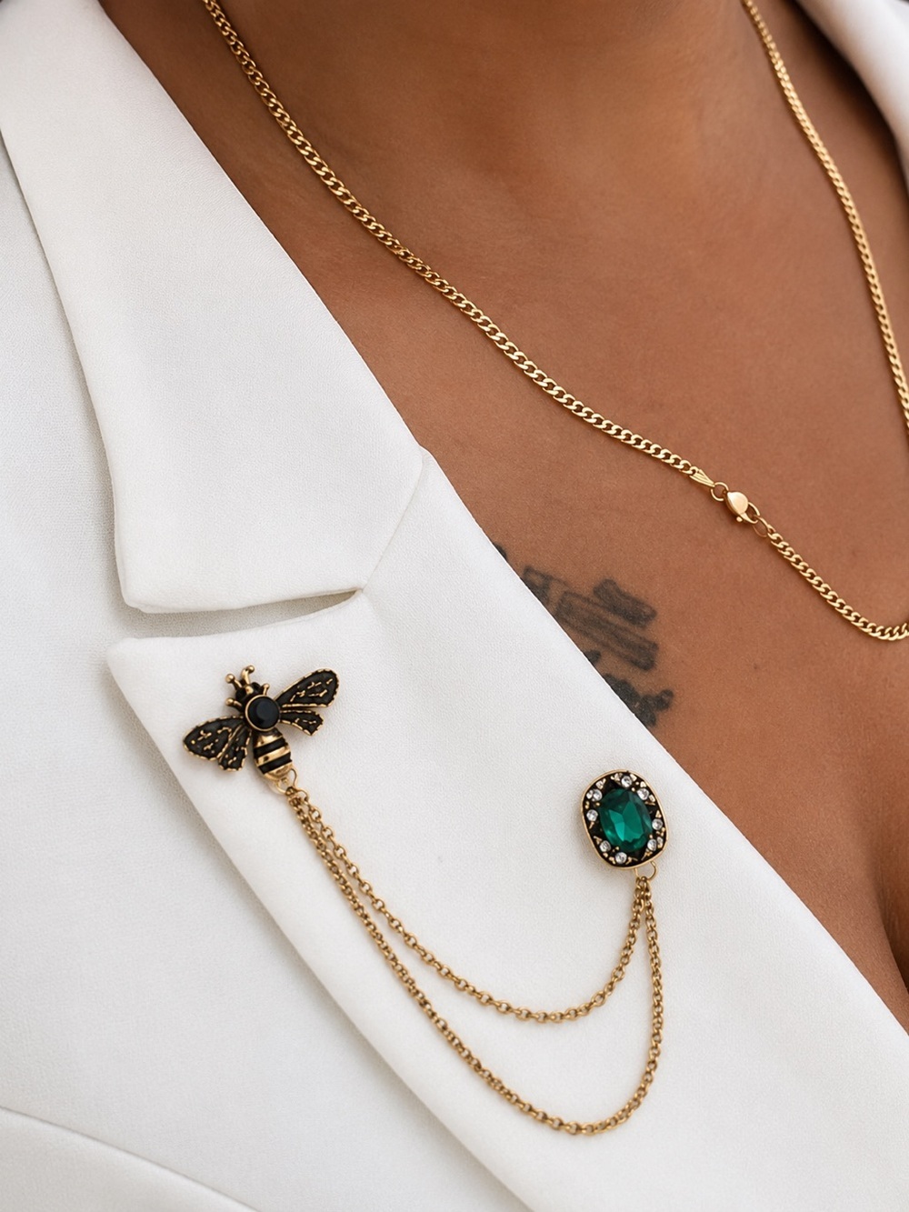 Gold Bee Double-Chain Brooch with Emerald Oval Accent